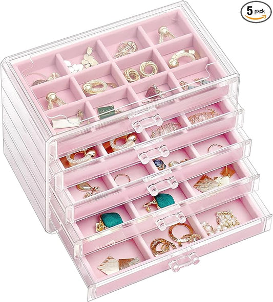 ProCase Earring Holder Organizer Jewelry Box with 5 Drawers, Acrylic Clear Earring Case with Adjustable Velvet Trays for Women - Pink, 5 Layers by ProCase