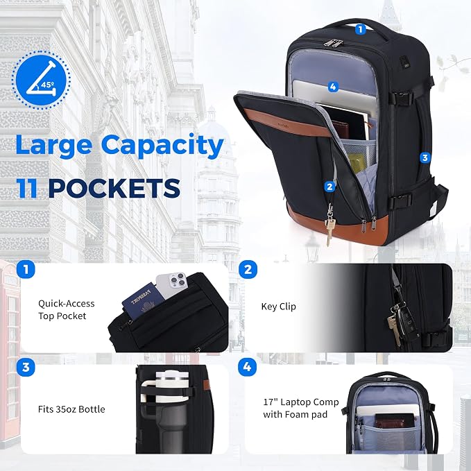 ECOHUB 19" Travel Backpack for Men Women 30L Large Carry-On Backpack with 17.3 In Laptop Compartment,Black - Image 6