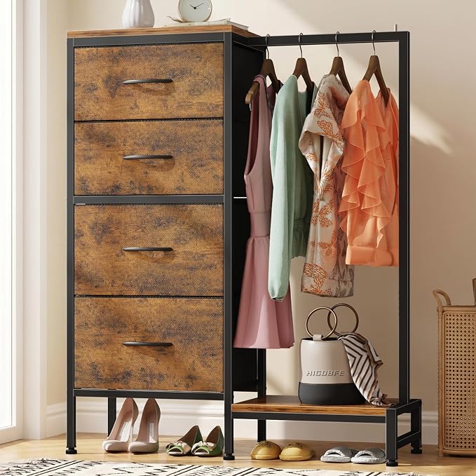 HIGDBFE Tall Dresser 44''H with Hanging Rack, 4 Drawers Small Closet Dresser for Bedroom, Reversible Fabric Chest of Drawers with Clothes Rack, Tall Storage Tower, Sturdy Frame, Rustic Brown by HIGDBFE