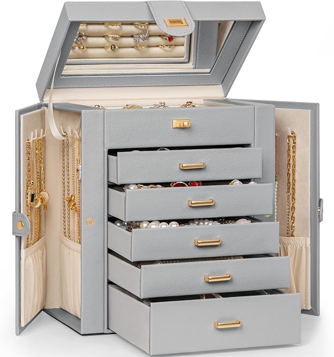 AKOZLIN 6-Tier Jewelry Box Organizer Functional 5 Drawers Leather Jewelry Storage Case for Women Girls Ring Necklace Earring Bracelet Holder Organizer with Mirror Medium Grey by AKOZLIN