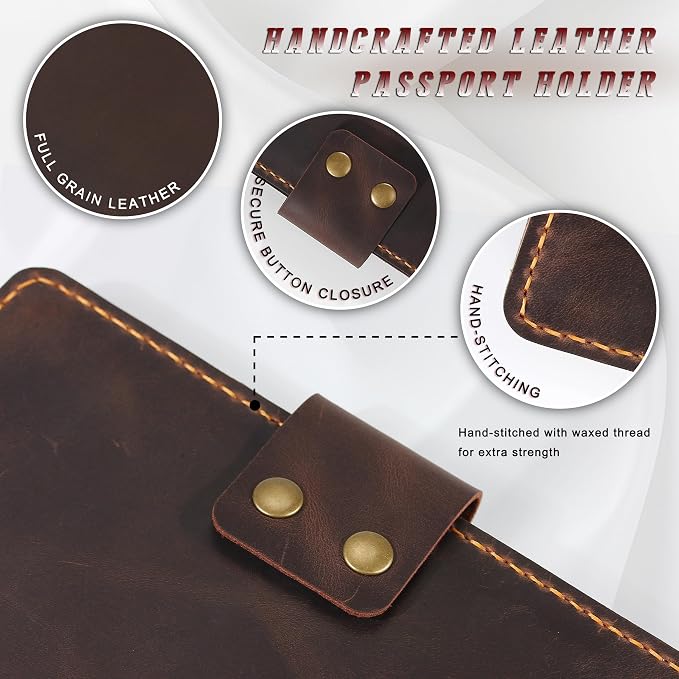 Handmade Genuine Leather Family Passport Holder | Travel Document Organizer Holds 4 Passports | Vintage Wristlet Wallet with Credit Card Slots (D.Brown) - Image 4