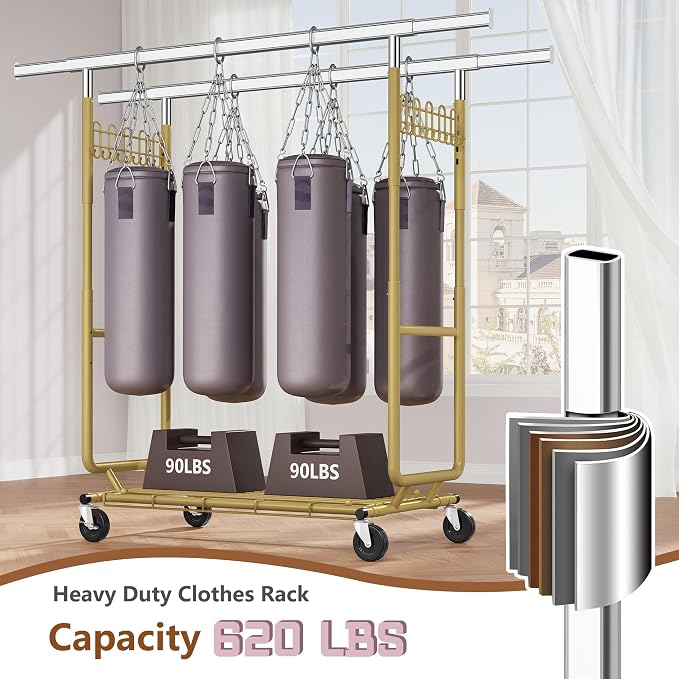 Hoctieon 2-Minute Assembly Double Rod Clothes Rack, Heavy Duty Rolling Clothing Racks with Wheels, Foldable Commercial Garment Rack, Extendable Hanging Bar, Adjustable Metal Pole with Hooks, Gold - Image 3