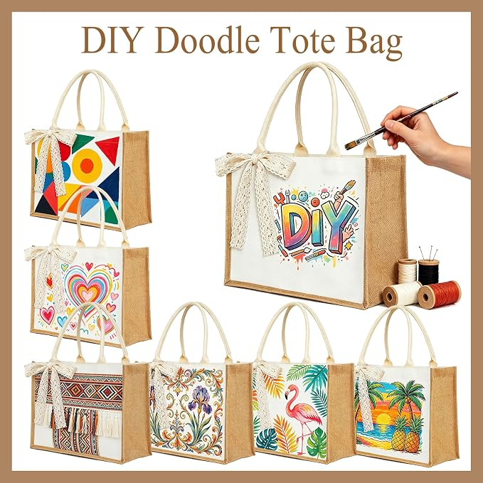 Burlap Tote Bag Set with Ribbon, Reusable Blank Water Resistant Grocery Bags - Image 6