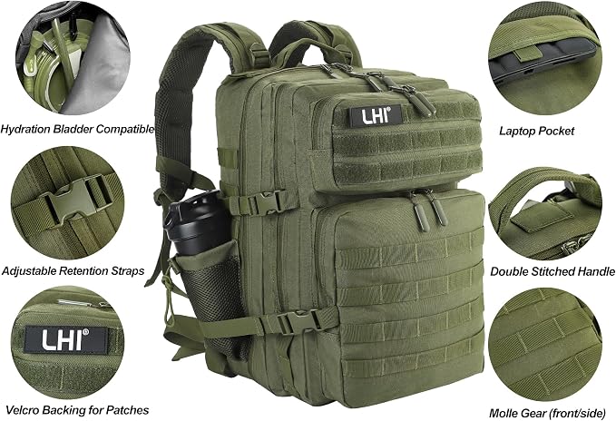 LHI Military Tactical Backpack for Men and Women 45L Army 3 Days Assault Pack Bag Large Rucksack with Molle System - Green - Image 7
