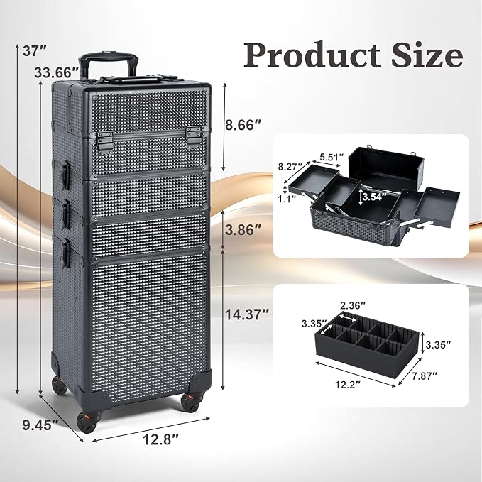 SHOWERSAFE 4 in 1 makeup train case - Professional cosmetology case on wheels, Large Transformable Makeup Train Case & Barber Case, Portable rolling makeup case & Makeup Cart, Jet Black - Image 8