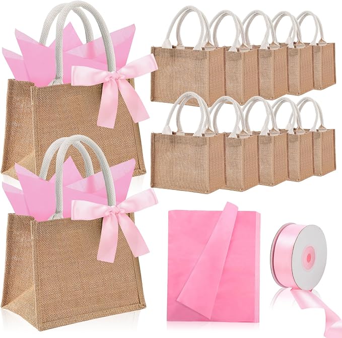 Shinylin 12 Pack Burlap Tote Bags Bulk with Handles Small Wedding Jute Tote Bag with Pink Tissue Paper & Ribbon, Reusable Party Favor Bags for Bridesmaid Proposal Bridal Shower Galentine's Day by Shinylin