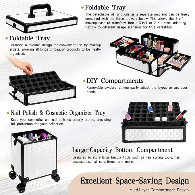 5 in 1 Rolling Makeup Train Case on Wheels Large Cosmetic Organizer Travel Cart for Women Beauty Salon Barber Hairstylist White - Image 3