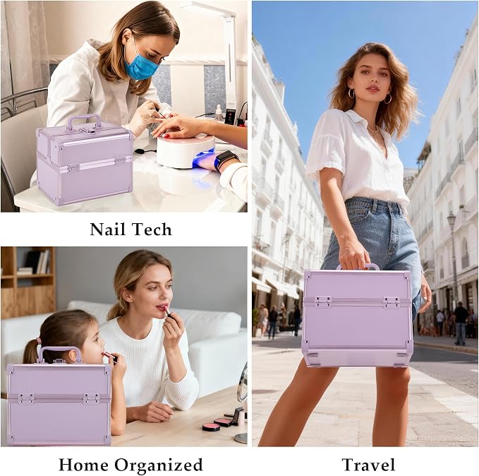 Makeup Train Case, Portable Makeup Case with Mirror, 2-Trays Cosmetic Organizer Case,Nail Polish Organizer, Travel Makeup Box, Profesional for Salon Barber, Purple - Image 5