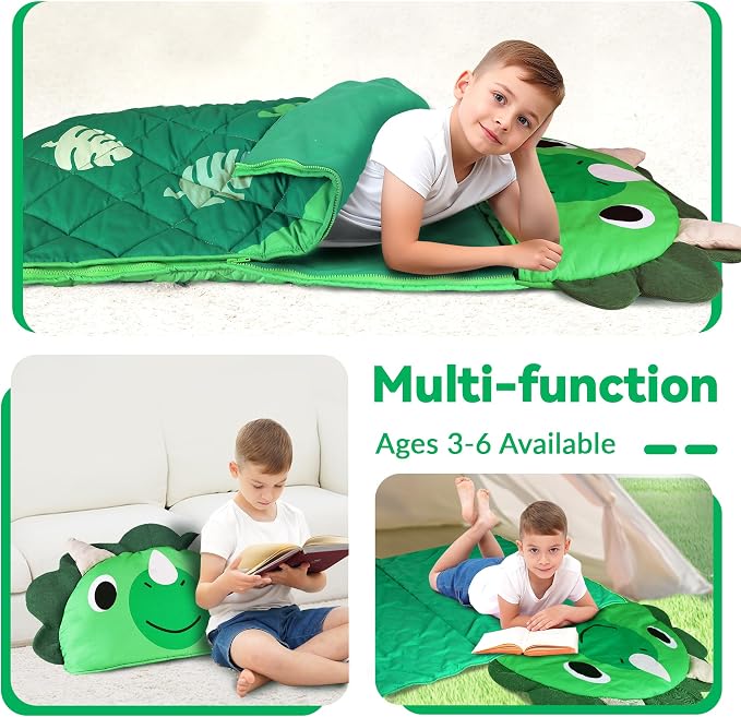 iPlay, iLearn Kid Sleeping Bag, Dinosaur Slumber Sack, Toddler Boy Nap Mat | 2 in 1 Green Dinos Cushion Pillow Blanket, Happy Travel Sleepover Daycare Preschool Birthday Gift for 3 4 5 6 Years Old Child - Image 5