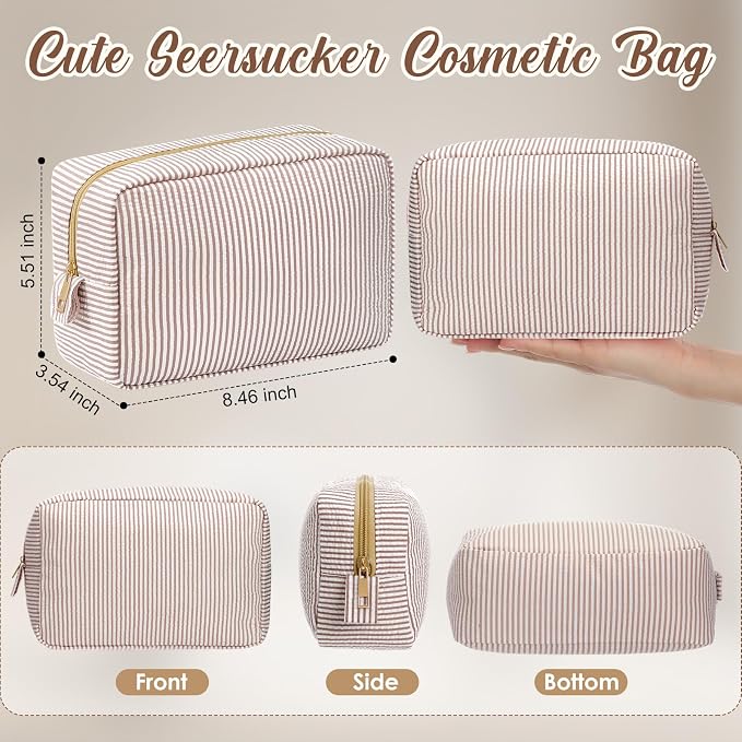 Sanwuta 10 Pcs Seersucker Cosmetic Bag Seersucker Makeup Bag Women Stripe Large Travel Toiletry Organizer Preppy Storage Pouch for Embroidery Wedding Bridesmaid Bride Mom (Khaki) - Image 2