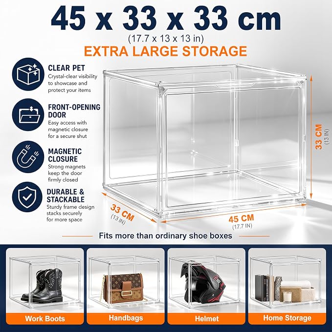 XXX-Large Extra Large Acrylic Display Case 17.3'' x 13'' x 13'' Transparent Sneaker Shoe Organizer Clear Plastic Stackable Boot & Shoe Boxes Large Showcase for Helmet, Handbag, Figures Collectibles - Image 2