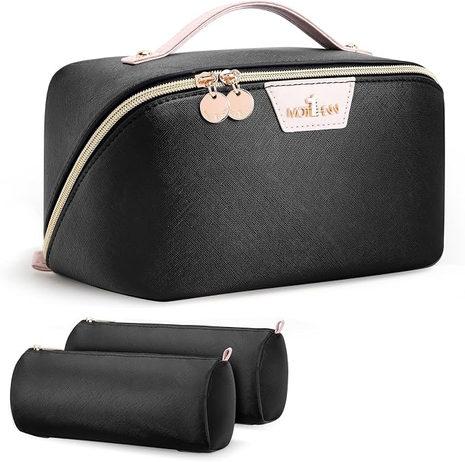 Travel Makeup Bag for Women: 3-in-1 Large Capacity Cosmetics Organizer with 2 Detachable Pouch - Vegan Leather Flat Open Toiletry Bag - Portable Travel Essentials for Full-Sized Bottles-Black by Unknown
