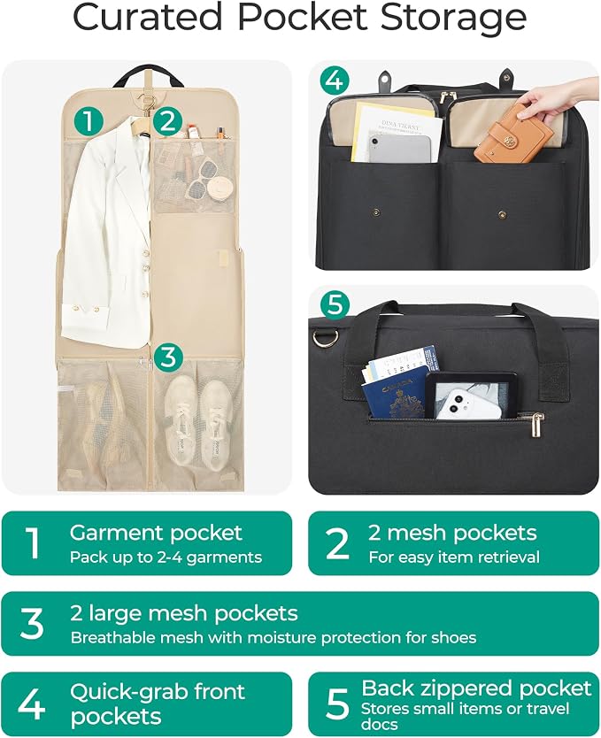 BAGSMART Large Carry-on Garment Bag for Suits Shirts Dresses Coats, Beige | Carry on, For Hanging Clothes, For Shirts Dresses Coats - Image 3