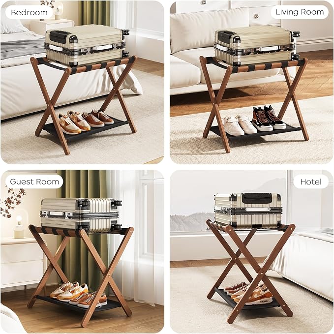 Fully Assembled Walnut Luggage Racks Set of 2, Bamboo 26.77" Luggage Rack Stand for Guest Room, 5 Nylon Straps, Foldable Suitcase Stand with Storage Shelf for Bedroom Hotel, Holds up to 165 Lbs - Image 8