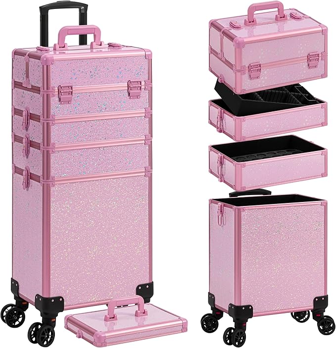 AROUS Rolling Makeup Train Case Large Storage Cosmetic Trolley 5 in 1 Large Capacity Trolley Makeup Travel Case with Key Swivel Wheels Salon Barber Case Traveling Cart Trunk, Pink by Unknown