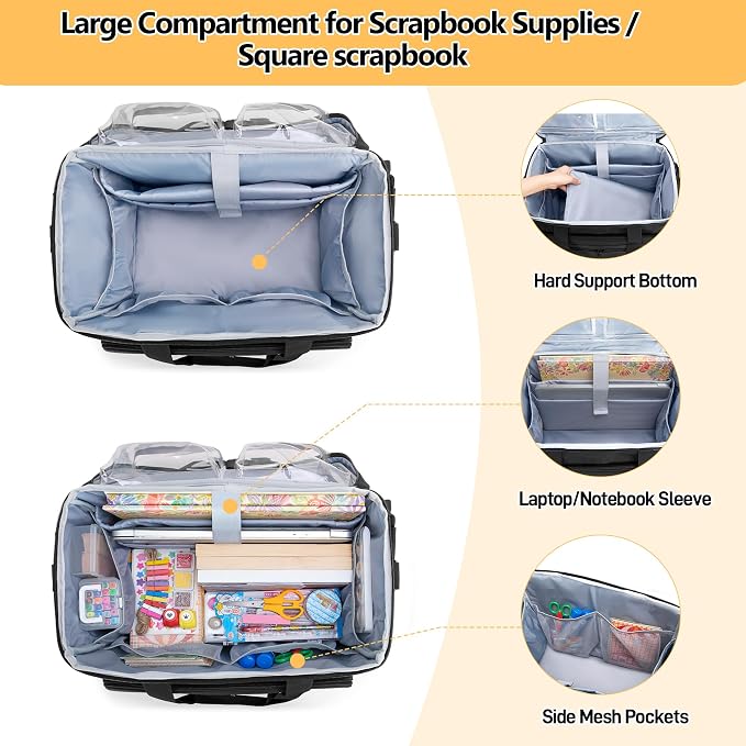 Trunab Rolling Scrapbook Tote with File Pocket & Trolley, Craft Organizer | Expandable File Pocket, Detachable Trolley, Padded Sleeves for 15.6" Laptop, Scrapbooking Supplies & Art Tools - Image 2