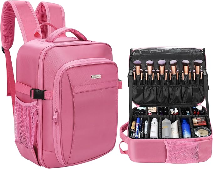 Relavel Makeup Backpack, Professional Travel Train Case Makeup Artist Kit Set Bag for Women Extra Large Cosmetic Organizer, Brush Storage Holder, with Adjustable High Dividers, Rose Pink by Relavel