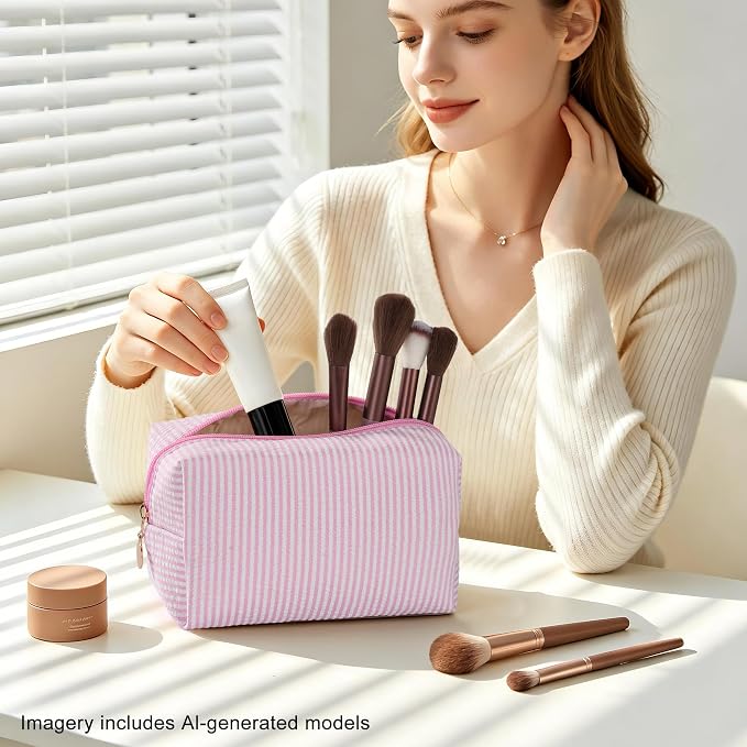 Makeup Bag Set for Women, 4PCS Travel Cosmetic Bags, Striped Seersucker Toiletry Organizer Pouches, Cute Makeup Pouch for Purse, Accessories and Gifts, Pink - Image 5