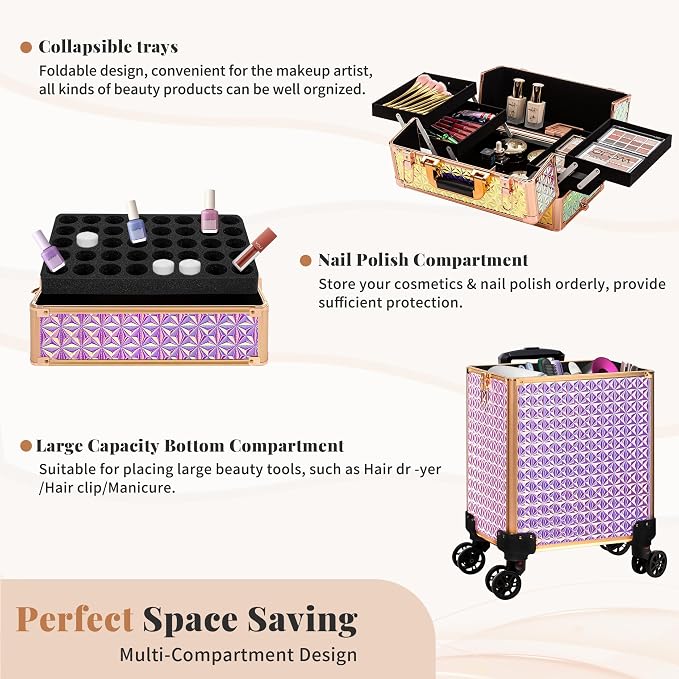 Rolling Makeup Train Case Cosmetology Case on Wheels, Colorful | Large Cosmetic Trolley Organizer with Keys Salon Barber Case Traveling Cart Trunk for Artist Hairstylists Nail Tech - Image 5