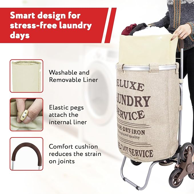 dbest products Stair Climber Laundry Trolley Dolly, Beige Laundry Bag Hamper Basket cart with wheels sorter - Image 7