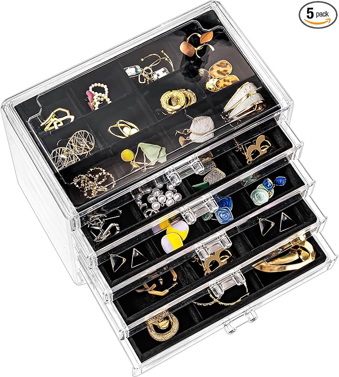 ProCase Earring Holder Organizer Jewelry Box with 5 Drawers, Acrylic Clear Earring Case with Adjustable Velvet Trays for Women - Black, 5 Layers by ProCase