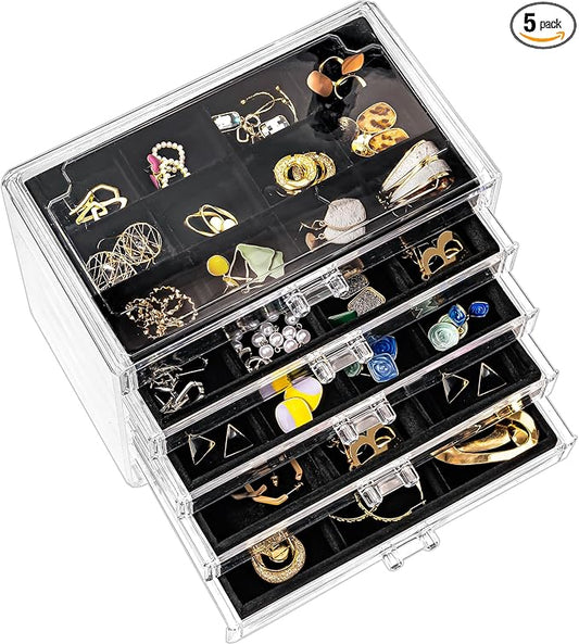 ProCase Earring Holder Organizer Jewelry Box with 5 Drawers, Acrylic Clear Earring Case with Adjustable Velvet Trays for Women - Black, 5 Layers by ProCase