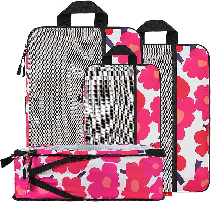 U+U 4 Set Compression Packing Cubes - Ultralight Travel Organizers, Space-Saving Suitcase Organizer, Expandable Packing Cubes for Travel, Business Trip and Family Vacation (Red Flower) by UU
