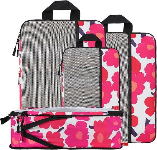 U+U 4 Set Compression Packing Cubes - Ultralight Travel Organizers, Space-Saving Suitcase Organizer, Expandable Packing Cubes for Travel, Business Trip and Family Vacation (Red Flower) by UU