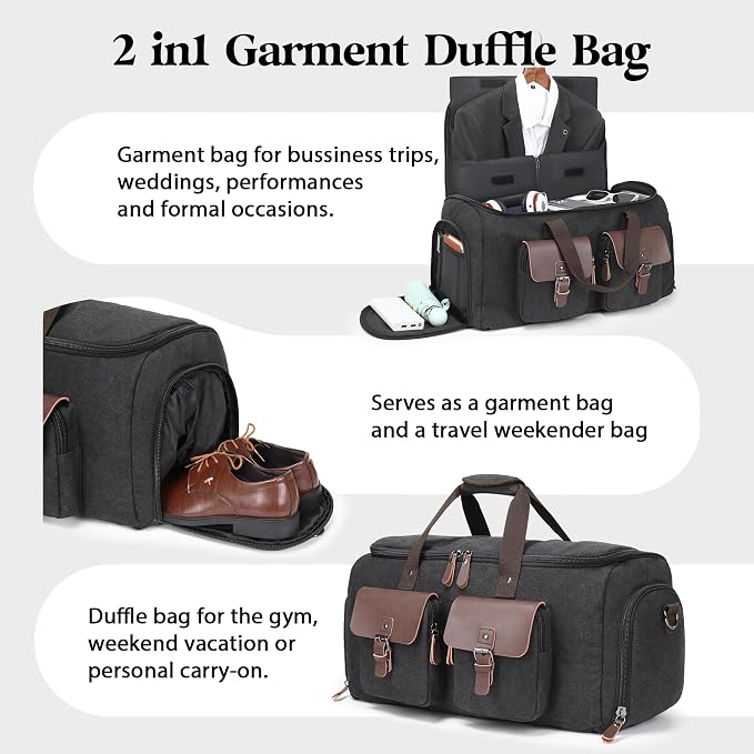 Canvas Garment Bags for Travel, Convertible Carry On Garment Duffel Bag for Men Women, 2 in 1 Suit Bag Hanging Suitcase Business Travel Bag with Shoe Compartment (Black, XL) - Image 2