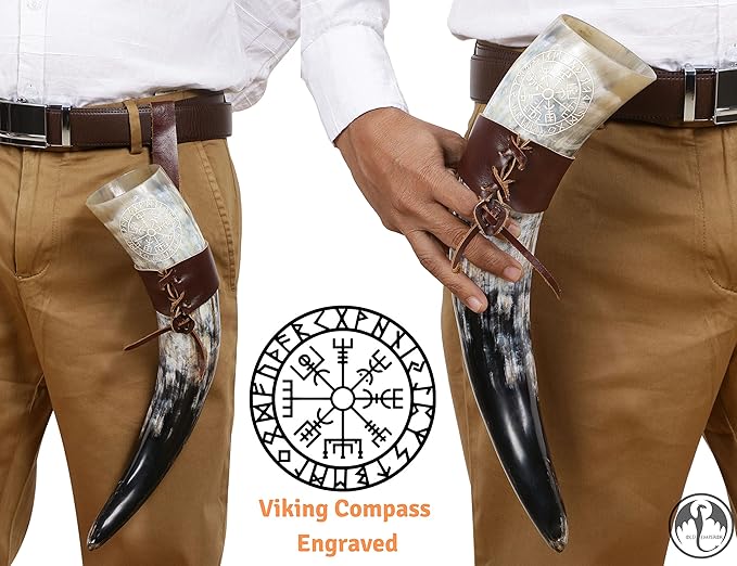 OLDEMPEROR Viking Drinking Horn - 12 Inch with Viking Compass Engraved & Leather Holster | Handmade Beer Cup | Food Grade | Unique Genuine Ox Horn| Natural Shine Finish| Viking Gift for Men & Women