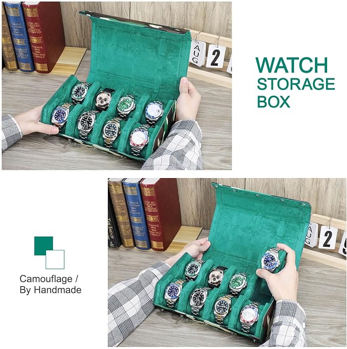 Hiram Genuine Leather Hexagon Watch Roll Travel Case, Military Camouflage Leather 8-Watches Roll Case with Removable Pillow Cushion for Treasured Watches and Bracelets-Camouflage Green - Image 5
