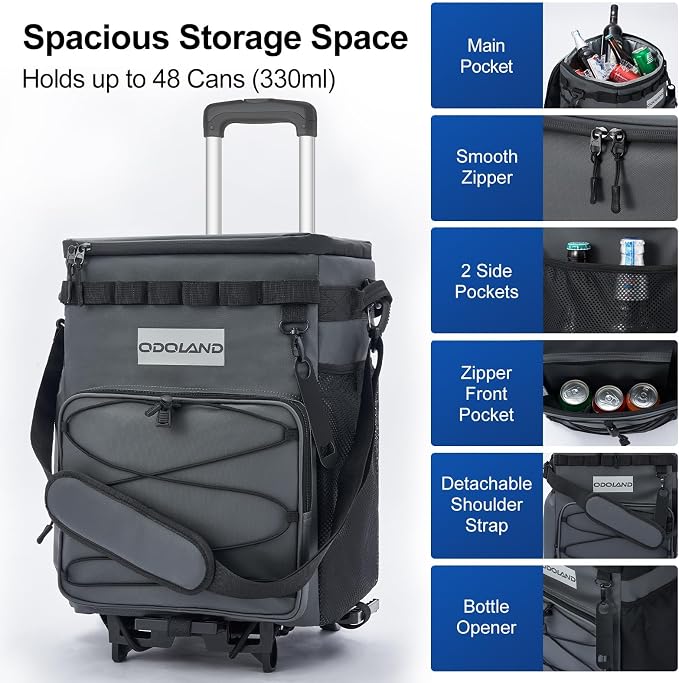 Odoland 72 Can Rolling Cooler Bag with Wheels & Handle, Collapsible Insulated Ice Chest for Beach, Camping & Tailgating - Portable Travel Soft Cooler on Wheels, Collapses for Easy Storage - Image 2