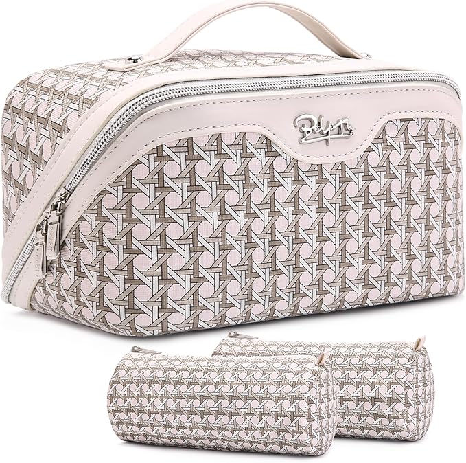 BOYATU Travel Makeup Bag Cosmetic Bags for Women: Large Capacity 3 Pcs Set Make up Bag with Compartments - Waterproof Vegan Leather Toiletry Organizer Bags with Handle (M-80Off-white) by BOYATU