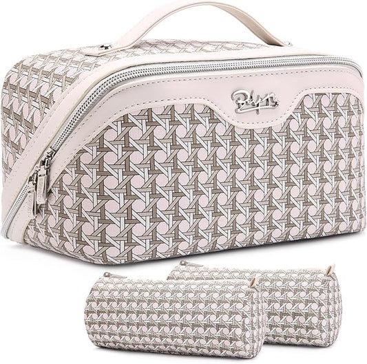 BOYATU Travel Makeup Bag Cosmetic Bags for Women: Large Capacity 3 Pcs Set Make up Bag with Compartments - Waterproof Vegan Leather Toiletry Organizer Bags with Handle (M-80Off-white) by BOYATU