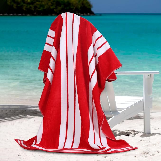 Superior Cotton Cabana Striped Beach Towels, Colorful Towels for Adult, Kid, Pool, Swimming, Sand, Travel, Large Oversized, Absorbent, Fast Drying, Bath Basics, Cabana Collection, 1 Piece, Red - Image 2