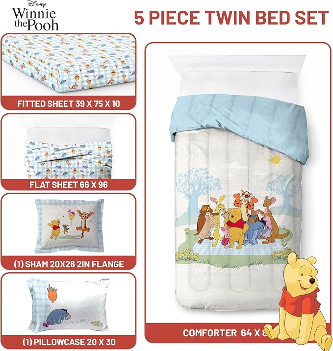 Disney Winnie The Pooh Twin Comforter Set 5 Piece Kids Bedding, White | Piglet Tigger, Bed in a Bag, Comforter Sheets Sham Pillowcase, Official Brand, Soft Microfiber, Machine Washable, Kids Gift - Image 3