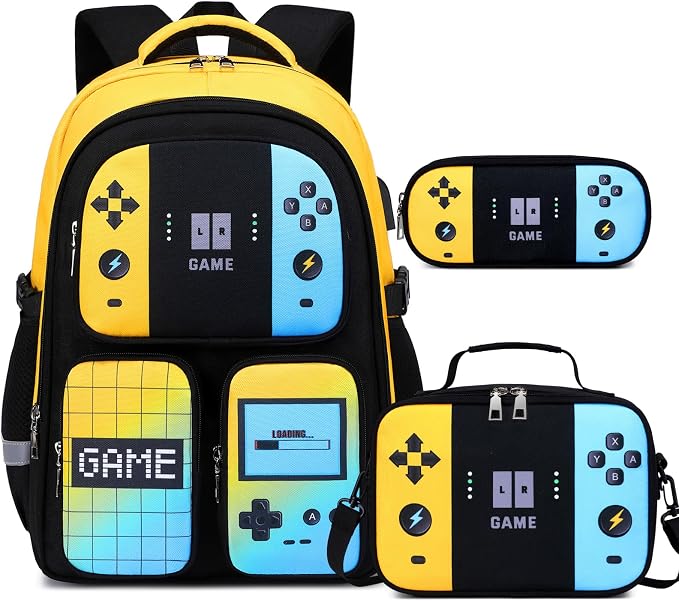 Gamer Backpack for Boys , 3PCS Boys Backpack with Lunch Box & Pencil Pouch, Waterproof School Bags for Boy Kids Children Teens, Elementary Middle School, Kids Book Bag Casual Daypack (Yellow Blue) by Jafeton