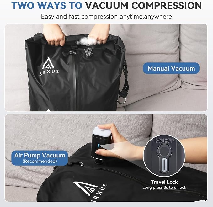 Arxus Vacuum Bags for Travel Airless, Compression Seal Packing Cubes with Adjustable Shoulder Strap, IP67 Reusable Portable Moving Supplies Kit for Clothing Storage, Luggage, Backpack, Suitcase - Image 5