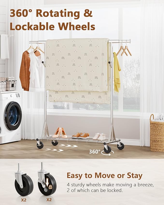 Hoctieon 1-Minute Assembly Clothes Rack, 480 lbs Heavy Duty Rolling Clothing Racks with Wheels, Foldable Garment Rack, Extendable Hanging Bar, Adjustable Metal Pole with Hooks, Chrome - Image 5