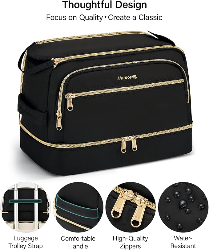 Hanke Travel Toiletry Bag, Lightweight Wide-open Makeup Bag, Dual-Layer Travel Bag for Toiletries Water-Resistant Cosmetic Bags Large Toiletry Bags for Women & Men, Travel Essentials, Black - Image 8