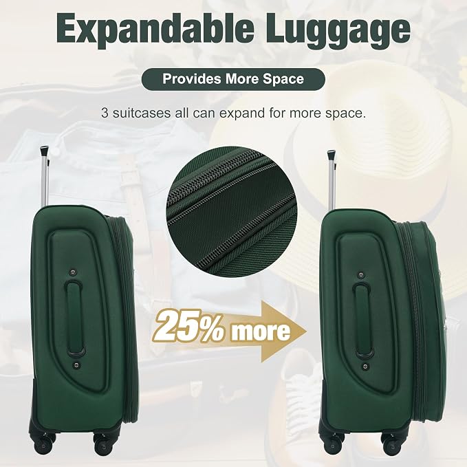 Merax Softside Luggage Set Lightweight 3 Piece Suitcase with Duffel Bag | Expandable Upright Travel Spinner Luggage 22" 26" 30",Dark Green - Image 6