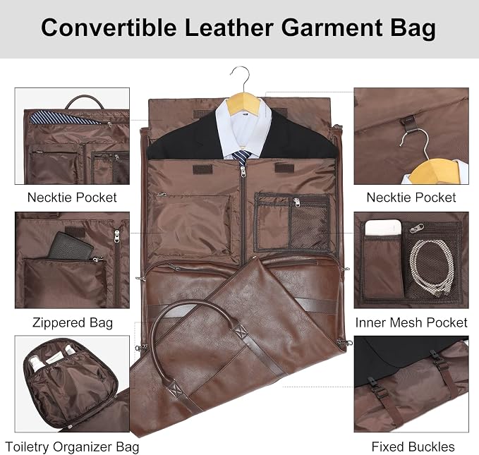 Modoker Convertible Leather Garment Bag, Carry on Garment Bags for Travel, Garment Duffel Bag, Gifts for Men Women Business Waterproof Suitcase Suit Travel Bags, Brown - Image 3