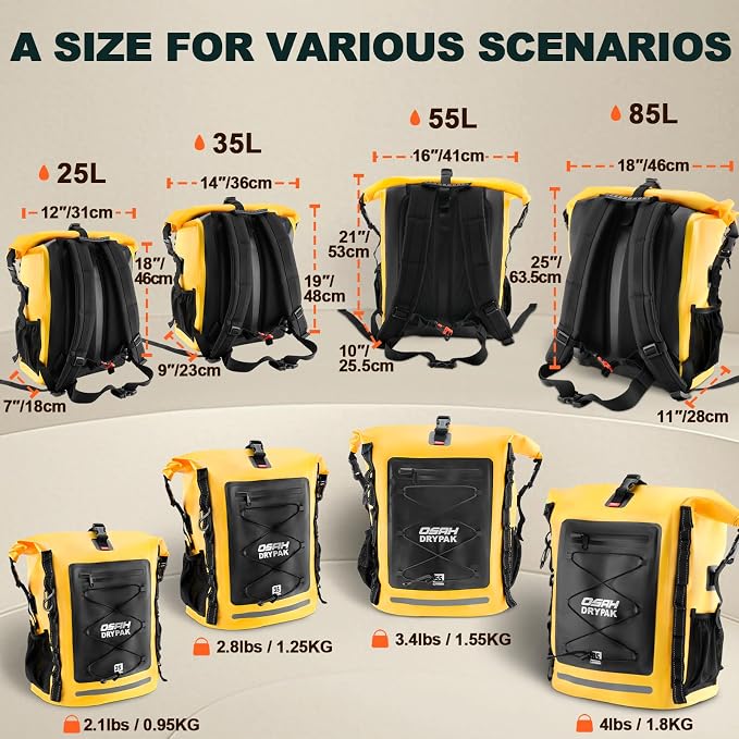 OSAH DRYPAK Waterproof Backpack Dry Bag 35L/55L/85L – Heavy Duty Roll-Top Hiking Backpack for Travel, Kayaking, Boating, Camping, Rafting and Fishing - Image 2