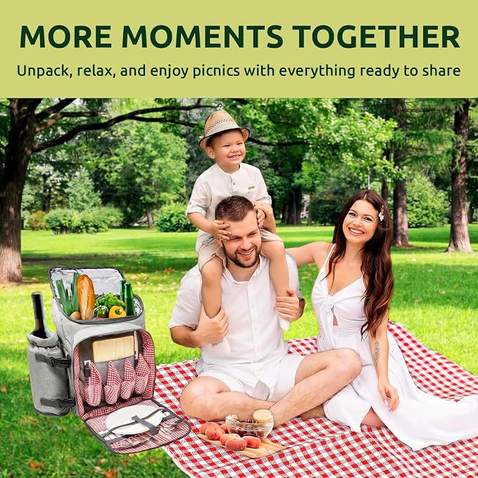 Nature Gear Picnic Backpack for 4, Insulated Picnic Set with Dinnerware, Wine Cooler, Blanket & Cutlery Service, Waterproof Outdoor Bag for Beach, Camping, Travel & Park, Red - Image 6