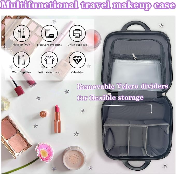 14 Inch Multi-Purpose Waterproof Hard Shell Makeup Case (Brown) | ABS Scratch-Proof, Carrying Cosmetic Organizer Case with Elastic Band, Train Case, Mini Suitcase Vanity Case for Women Girl - Image 2