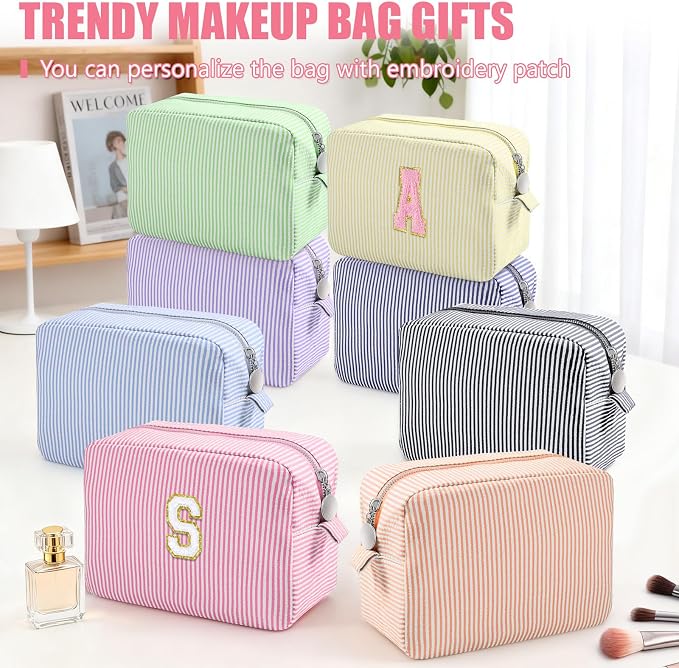 Giesiery 8 Pcs Seersucker Makeup Bags Striped Cosmetic Bags Bulk Organizer for Women Preppy Travel Toiletry Pouch for Wedding Bridesmaid Gifts (Pastel Color, Large) - Image 4