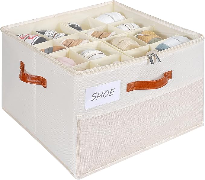 Shoe Organizer for Closet, Shoe Storage Box, Foldable Shoe Box with Adjustable Dividers and Clear Cover, Closet Shoe Organizer Fits up to 16 Pairs, 1-Pack, Extra Storage Pocket for Socks by HOMICKERORGANIZER