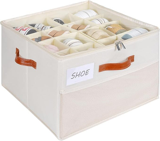 Shoe Organizer for Closet, Shoe Storage Box, Foldable Shoe Box with Adjustable Dividers and Clear Cover, Closet Shoe Organizer Fits up to 16 Pairs, 1-Pack, Extra Storage Pocket for Socks by HOMICKERORGANIZER