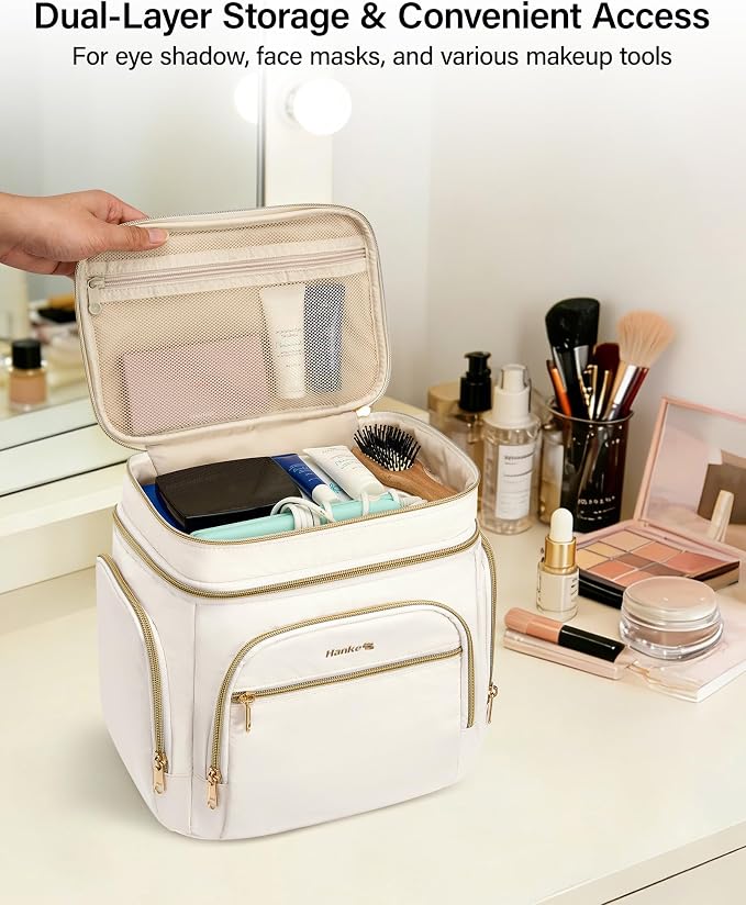 Hanke Large Toiletry Bag for Women Travel, Double Layer Organizer with Wide Opening for Full-Size Cosmetics & Toiletries, 12.2L Water-Resistant Makeup Bag,Off White - Image 5