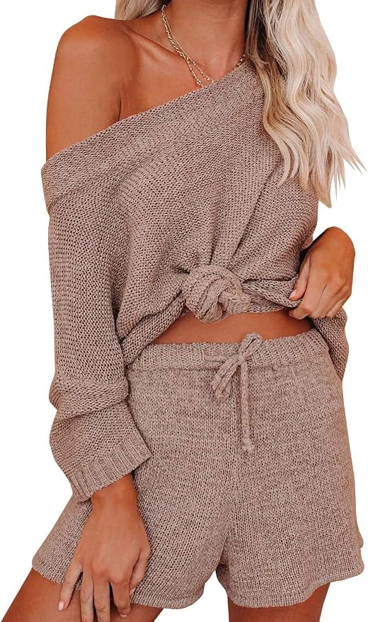Ermonn Womens 2 Piece Outfits Sweater Sets Off Shoulder Knit Tops Waist Short Suits Casual Pajama Set - Image 2